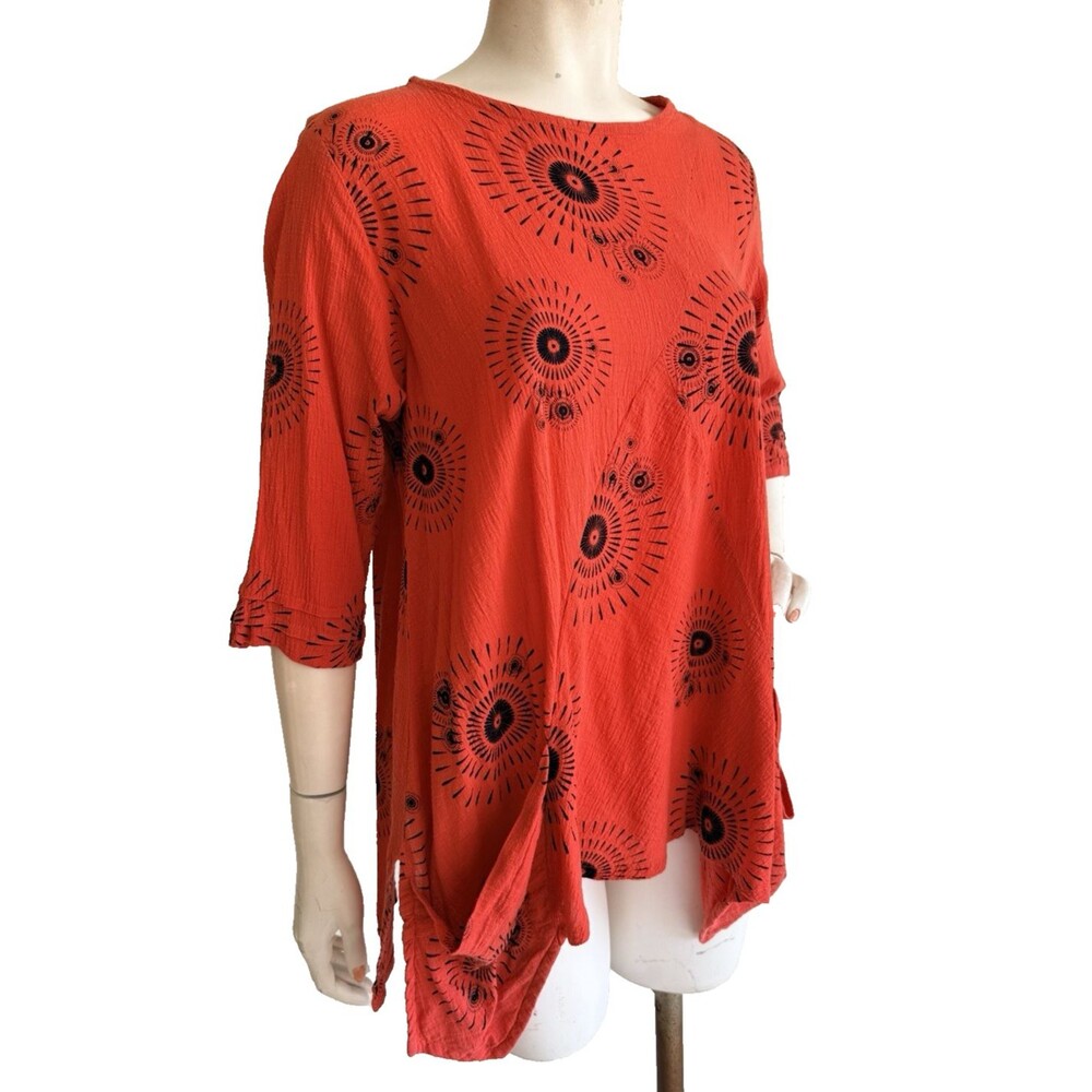 YOU-BE Tunic Top Orange Abstract Print Asian Art to Wear Cotton Gauze Size S M